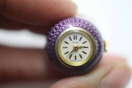A mid 20th century silver gilt and guilloche enamel Tudor globe pendant watch, with Tudor box.